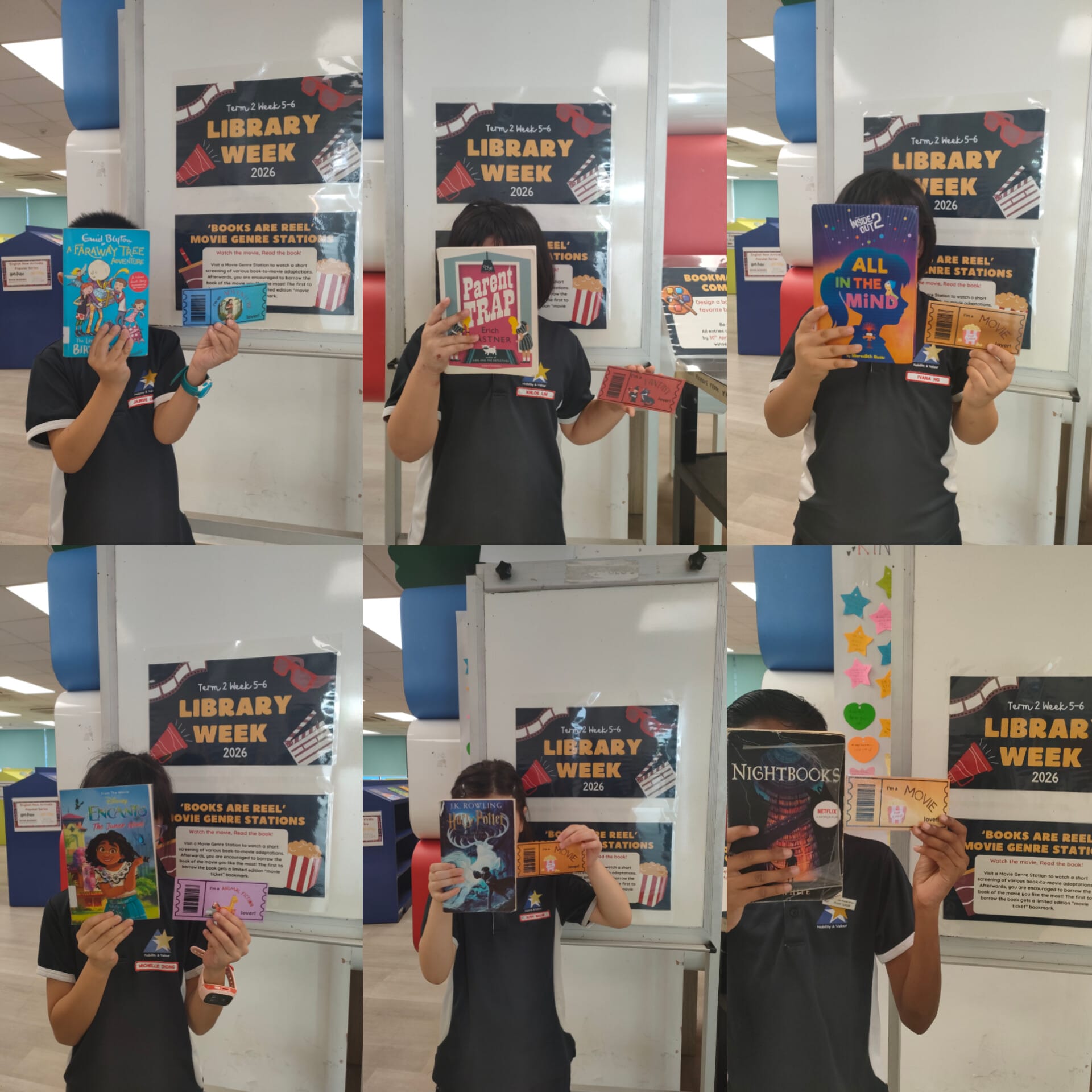 Students holding a book at the library during library week 2026